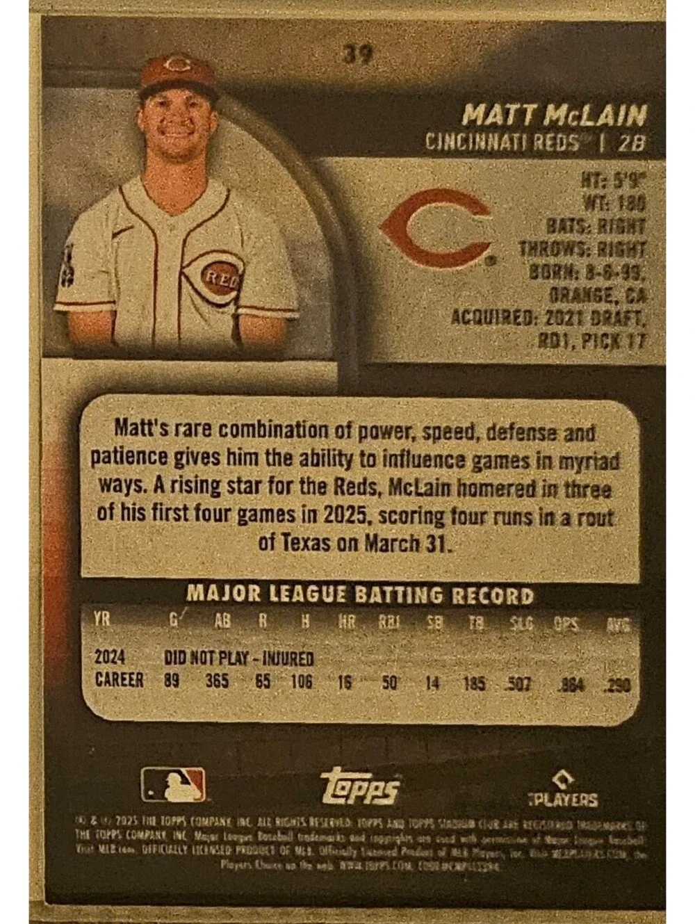 2025 Topps Stadium Club 39 Matt McLain Cincinnati Reds
